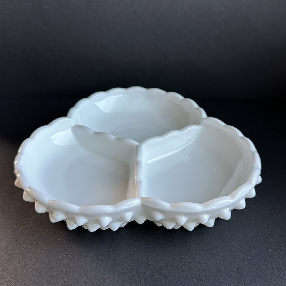 FENTON Hobnail Milk Glass Vintage Three Section Trefoil Dish